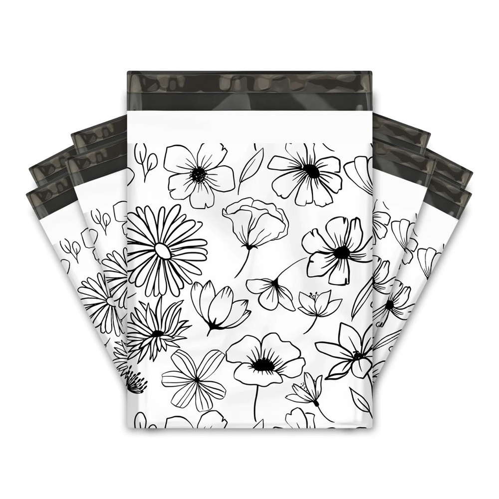 Black & White Sketched Floral Poly Mailer’s 10x13 Pack of 25 - Picture 3 of 7